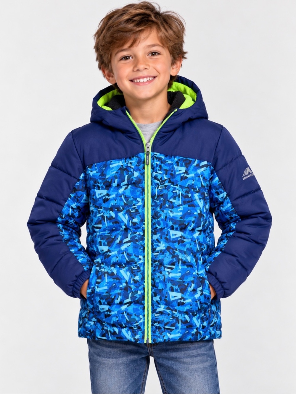 ZeroXposur Boys’ S(8) Blue Patterned Hooded Puffer Winter Coat Warm Green Lining